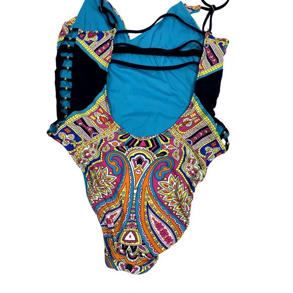 Trina Turk Nepal Printed One Piece Swimsuit Beaded Cut Out Side Strappy Back 10 - Picture 5 of 8